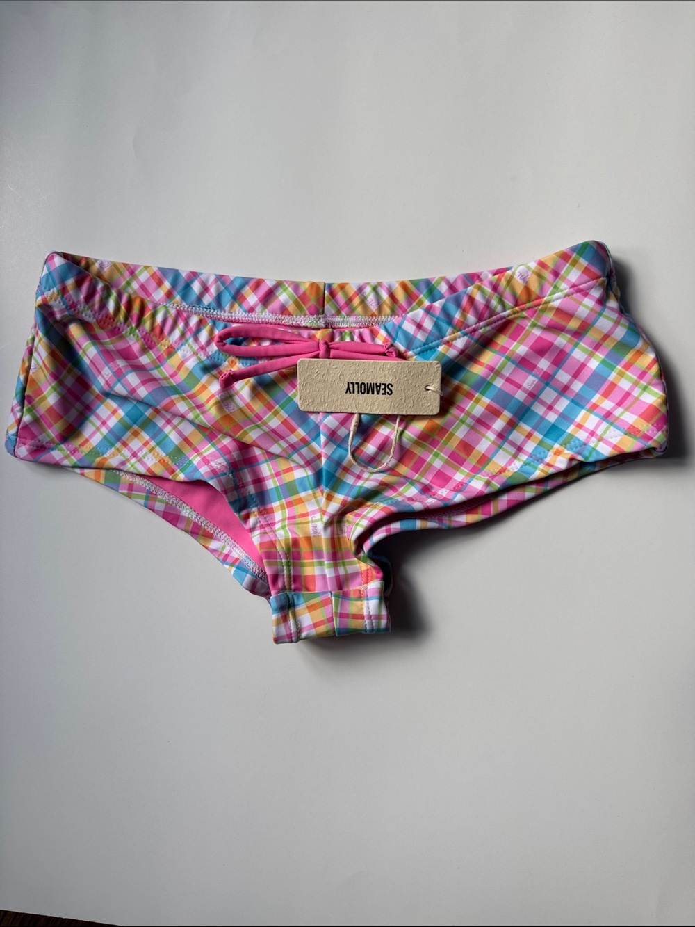 SEAMOLLY PLAID LOW RISE BIKINI BOTTOM CHEEKY SWIM BOYSHORTS